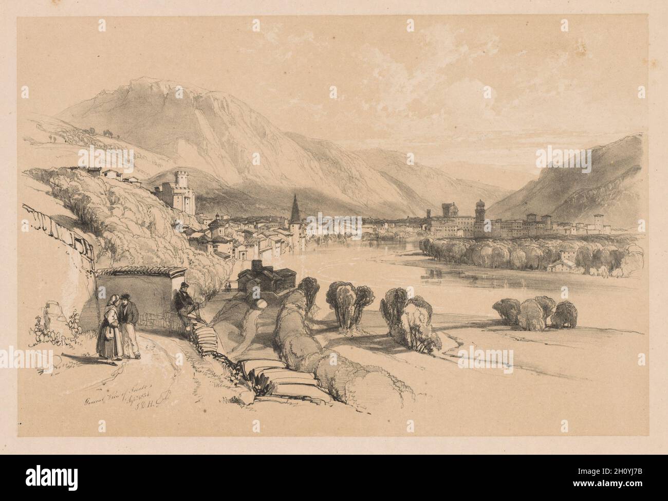 Skizzen im In- und Ausland: Allgemeine Ansicht von Trient, 1834. James Duffield Harding (British, 1798-1863). Lithographie mit Tönung Stein; Blatt: 36 x 52,3 cm (14 1/4 x 20 9/16 in.); Bild: 26,3 x 39,4 cm (10 3/8 x 15 1/2 in.). Stockfoto