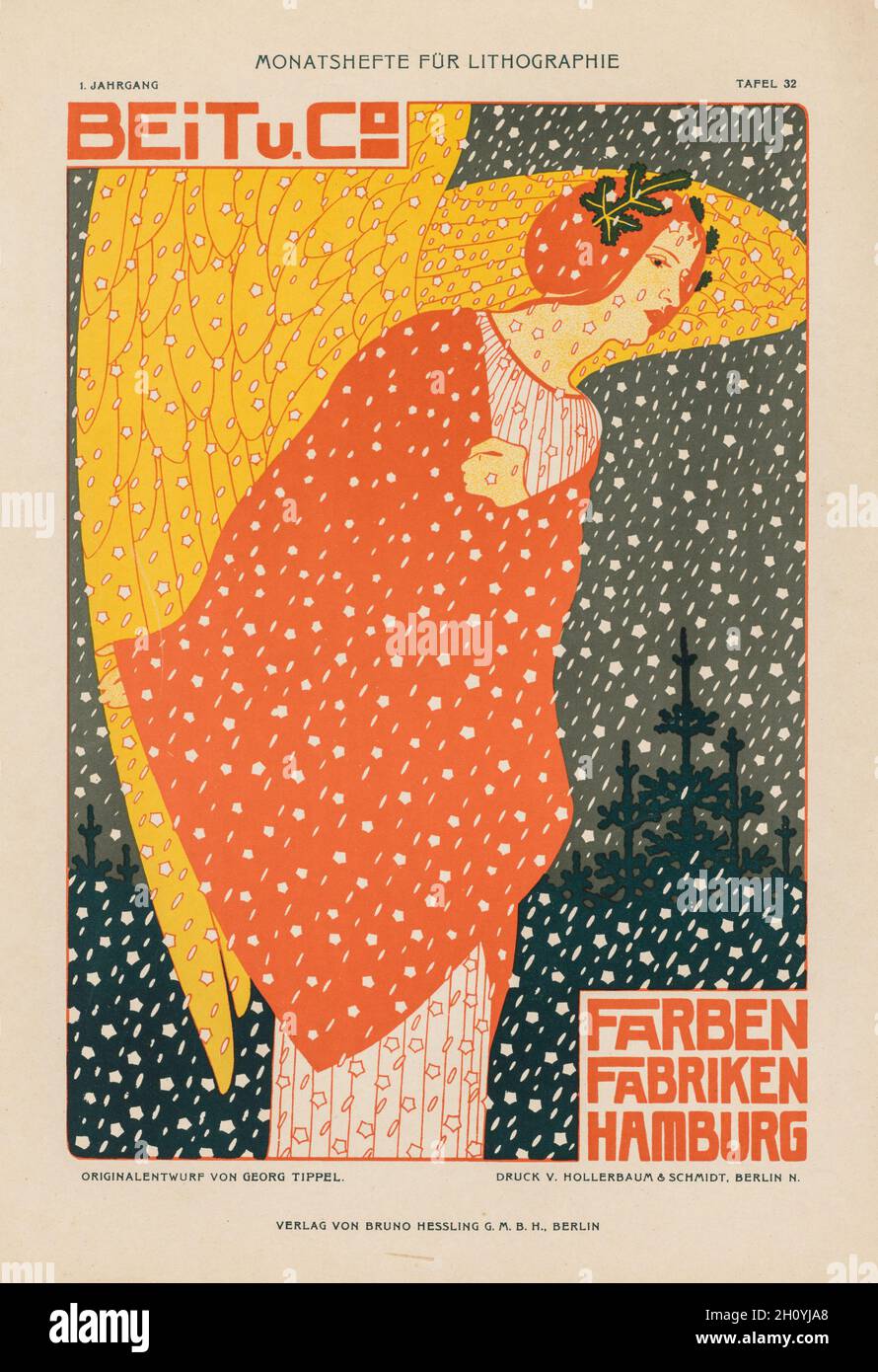 Engel im Schnee. Georg Tippel (Deutsch, 1875-1915). Farblithographie; Blatt: 40 x 29.2 cm (15 3/4 x 11 1/2 Zoll); Bild: 31.5 x 21.7 cm (12 3/8 x 8 9/16 Zoll). Stockfoto