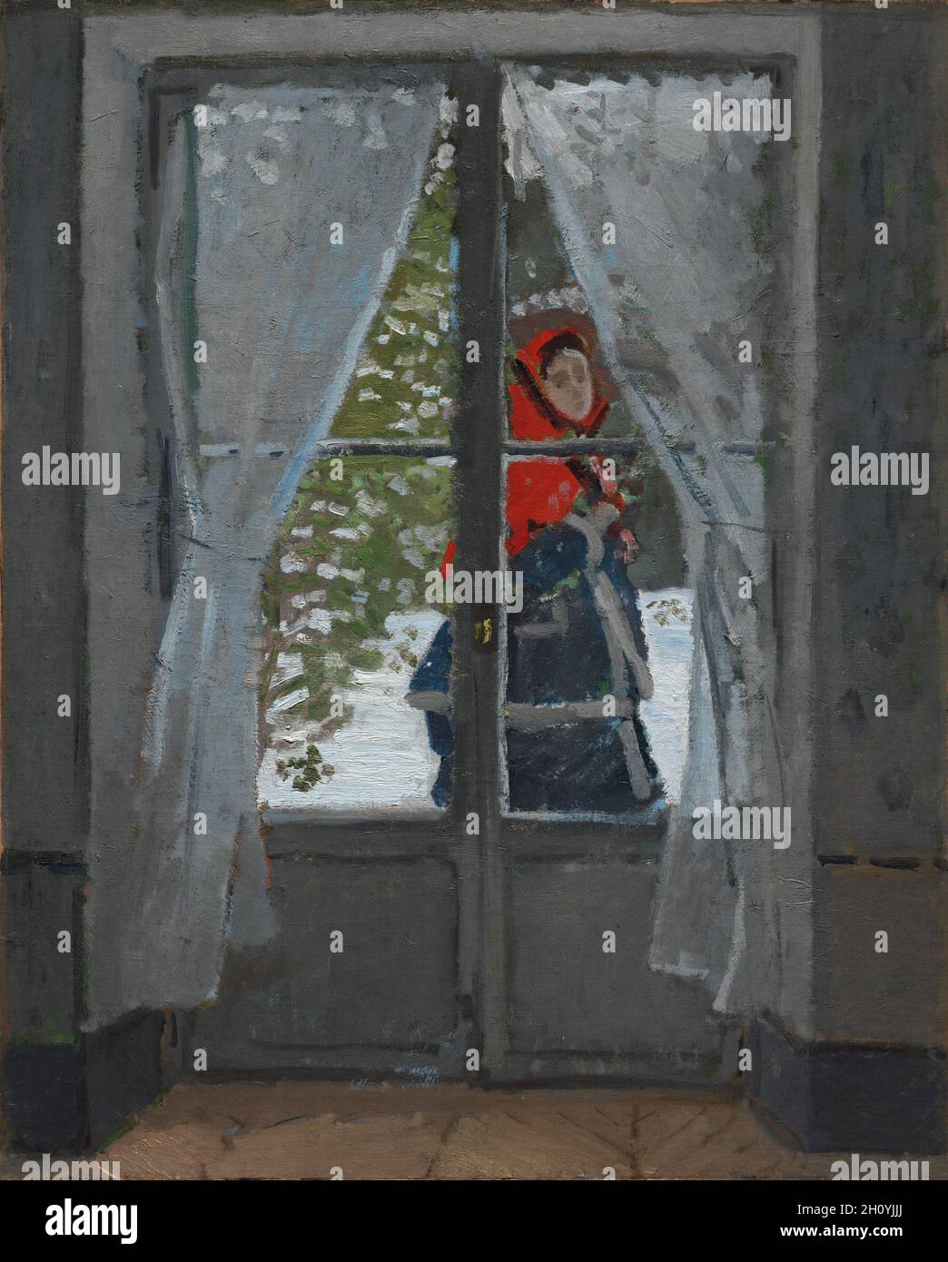 Das rote Kerchief, c. 1868–73. Claude Monet (Französisch, 1840-1926). Öl auf Stoff; gerahmt: 128.3 x 105.7 x 14.6 cm (50 1/2 x 41 5/8 x 5 3/4 Zoll); ungerahmt: 99 x 79.8 cm (39 x 31 7/16 Zoll). Dieses Gemälde zeigt Monets erste Frau Camille an einem verschneiten Tag draußen an den französischen Türen ihres Hauses in Argenteuil vorbei. Ihr Gesicht wird in einer radikal kühnen impressionistischen Technik von bloßen Farbtupfen dargestellt, die schnell aufgetragen werden, so wie der Schnee und die Bäume durch breite, gebrochene Striche aus reinem Weiß und Grün definiert werden. Stockfoto
