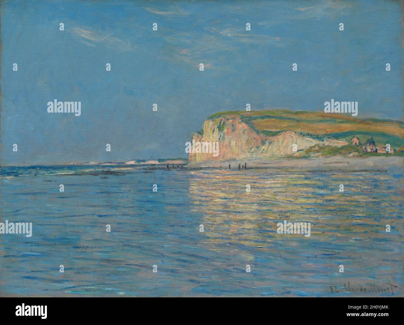 Low Tide in Pourville, in der Nähe von Dieppe, 1882, 1882. Claude Monet (Französisch, 1840-1926). Öl auf Stoff; gerahmt: 65.4 x 106.7 x 10.5 cm (25 3/4 x 42 x 4 1/8 Zoll); ungerahmt: 59.9 x 81.3 cm (23 9/16 x 32 Zoll). Dies ist eine von mehreren Ansichten, die Monet von den Klippen und Sandflächen von Pourville, einem kleinen Fischerdorf an der Küste der Normandie in Frankreich gemalt hat. Der Titel deutet auf eine momentane Phase im kontinuierlichen Kreislauf der Natur hin, ebenso wie die schnelle, spontane Farbgebung Monets Bemühungen widerspiegelt, sich verändernde Effekte von Licht, Wetter und Gezeiten einzufangen. Die Farbschichten unter dem Strand deuten darauf hin, dass Th Stockfoto