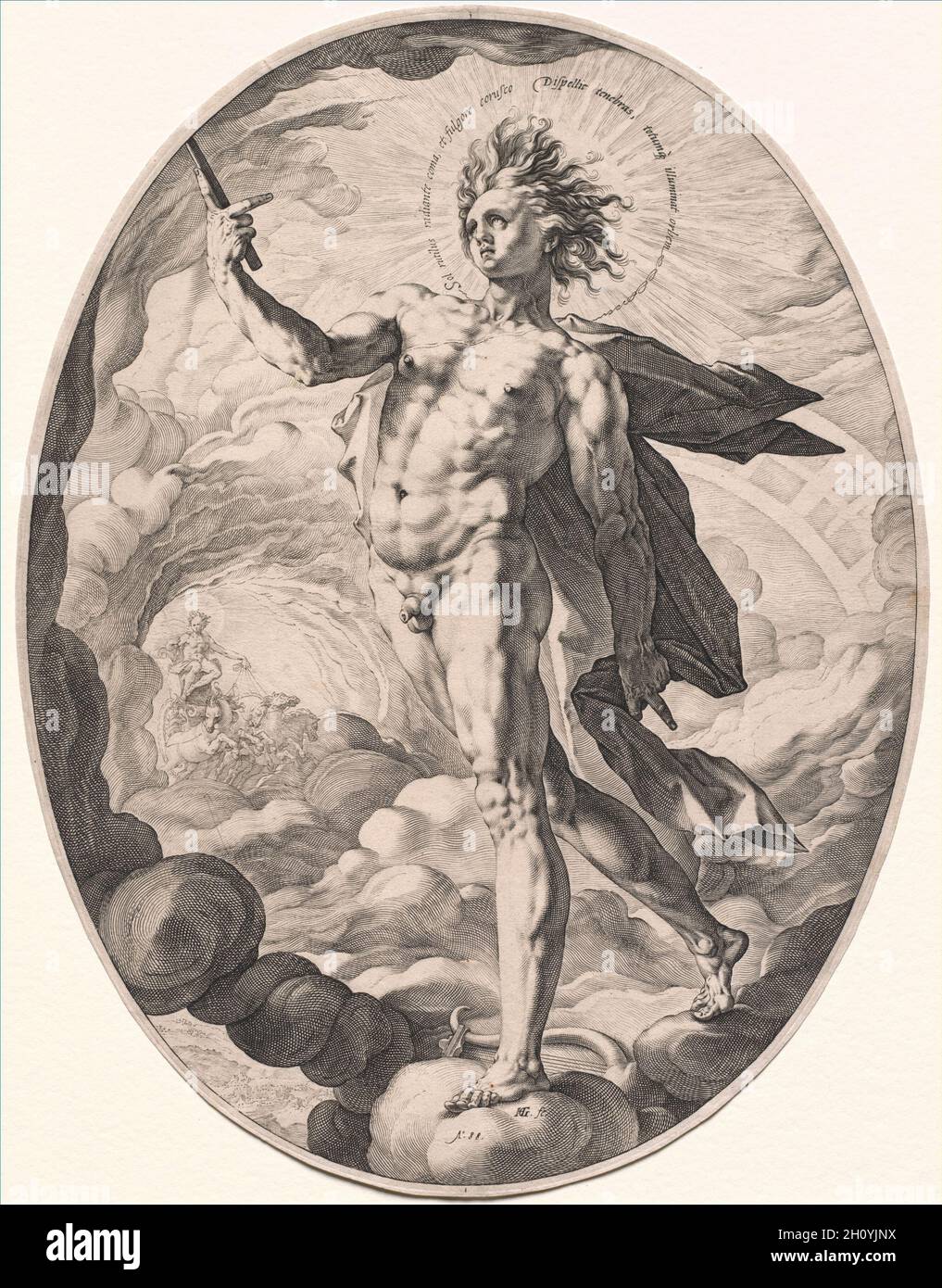 Apollo, 1588. Hendrick Goltzius (Niederländisch, 1558–1617). Gravur; Blatt: 35.3 x 27.1 cm (13 7/8 x 10 11/16 Zoll); Plattenmark: 34.9 x 26.7 cm (13 3/4 x 10 1/2 Zoll). Diese Gravur zeigt Apollo als den strahlenden sonnengott. Mit feuerähnlichen Haaren schreitet er durch rollende Wolkenwellen, während im Hintergrund sein Wagen täglich über den Himmel fährt. Der lateinische Text, der seinen Heiligenschein bildet, übersetzt: „mit ihrem Aureole und dem leuchtenden Strahl vertreibt die helle Sonne die Dunkelheit und erleuchtet die ganze Erde.“ Der übermäßig muskulöse Körper von Apollo spiegelt einen Aspekt des Manierismus wider, ein stilistischer Trend in der Mitte der Stockfoto