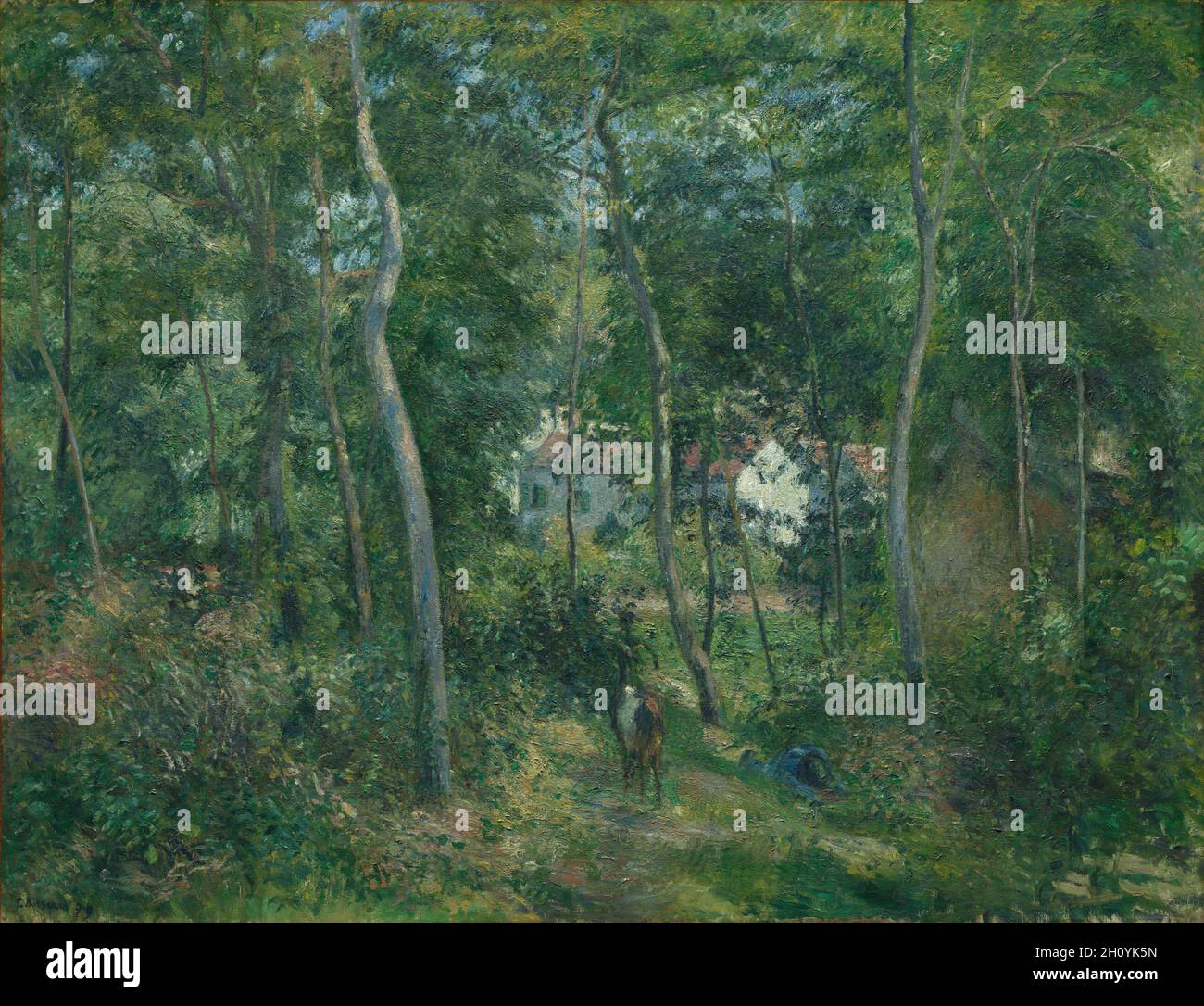 Edge of the Woods in der Nähe von L'Hermitage, Pontoise, 1879. Camille Pissarro (Französisch, 1830-1903). Öl auf Stoff; gerahmt: 166 x 204 x 16.5 cm (65 3/8 x 80 5/16 x 6 1/2 Zoll); ungerahmt: 125 x 163 cm (49 3/16 x 64 3/16 Zoll). Pissarro malte diese monumentale Landschaft, als er verzweifelt arm war und mit dem Verkauf seiner Bilder zu kämpfen hatte. Sie zeigt einen Mann, der in den verdeckten Hinterwäldern der Eremitage, einem ländlichen Dorf in der Nähe von Pontoise, schlummert, wo der Künstler seit 1872 lebt. Pissarro beschränkte seine Pallette auf reine Farbtöne und setzte Pinselstriche in systematischen diagonalen Mustern ein, was einen Effekt hervorbrachte Stockfoto