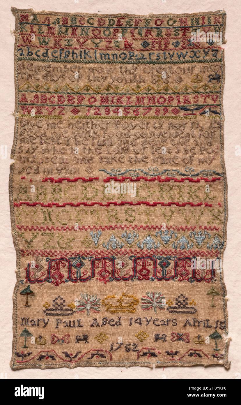 Sampler, 1752. England, 18. Stickereien, Seide und Wolle auf Leinen; insgesamt: 33 x 20,4 cm (13 x 8 1/16 in.). Stockfoto