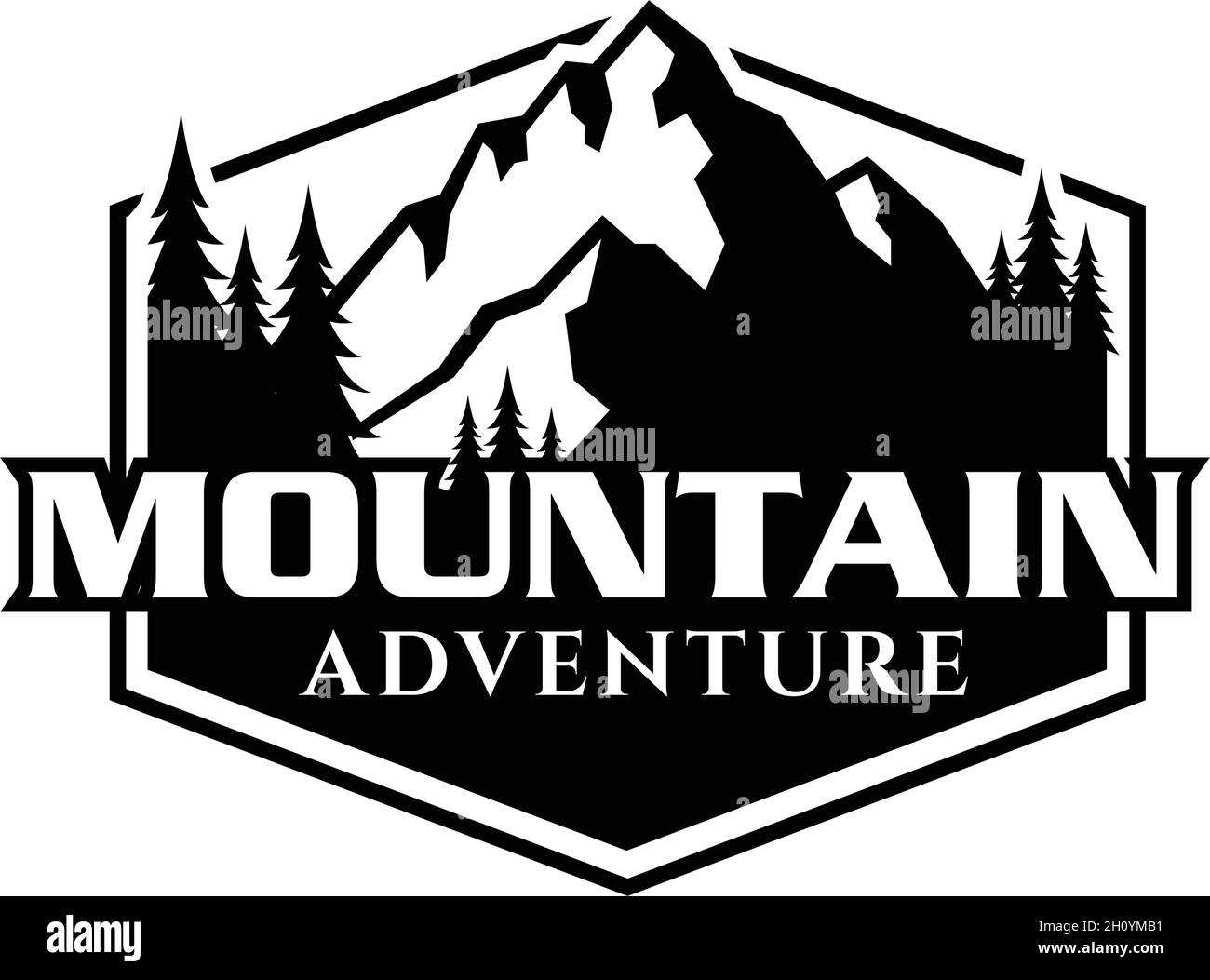 Logo mit Berg- und Tannenbaum-Logo im Zusammenhang mit Aktivitäten im Freien Stock Vektor