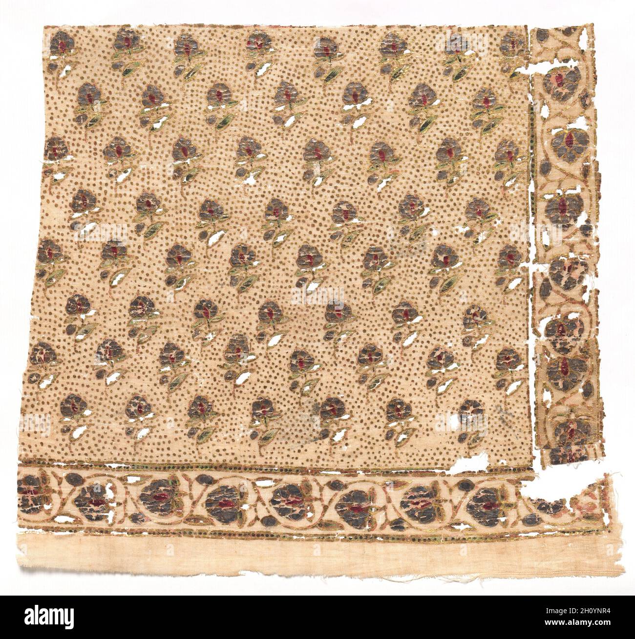 Fragment, 1800. Indien, Rajasthan, 19. Bedruckt mit Blattsilber, bemalt und mit Gold gedruckt; Baumwolle; gesamt: 19,9 x 22,9 cm (7 13/16 x 9 in.). Stockfoto