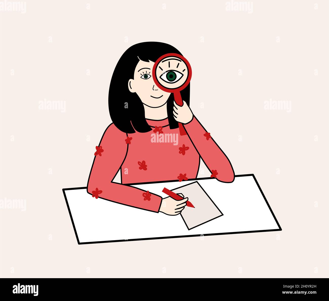 Einfache niedliche dunkelhaarige Mädchen mit roten Pullover Blick durch die Lupe und Schreiben auf Papier am Tisch. Bildungs- und Forschungskonzept. Stock Vektor