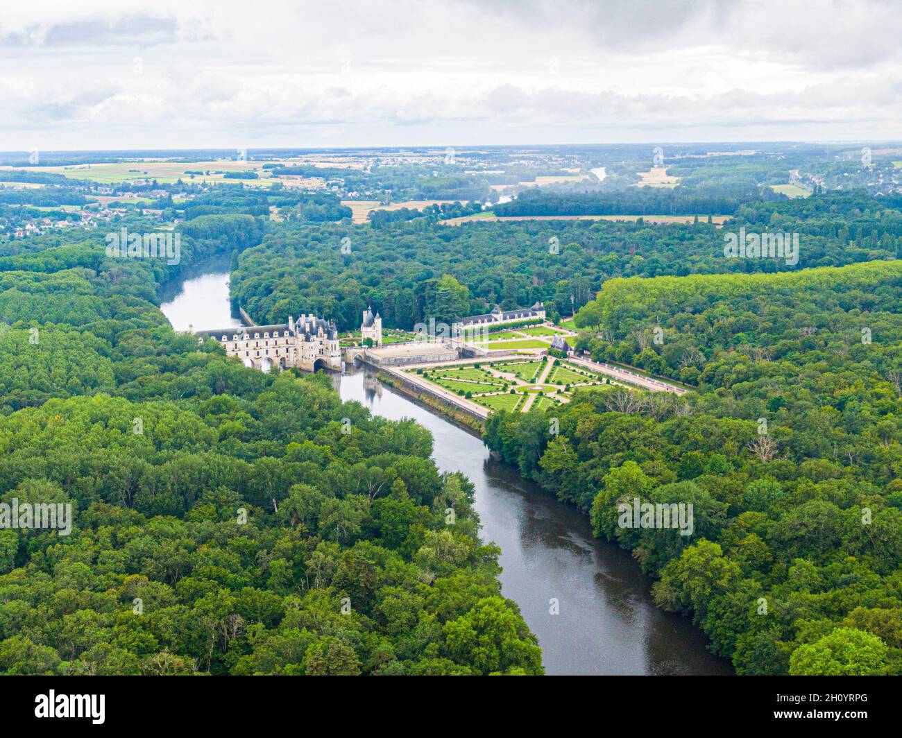 Luftaufnahme über Schloss Chenonceau, Loire-Tal, Frankreich, Sologne Stockfoto