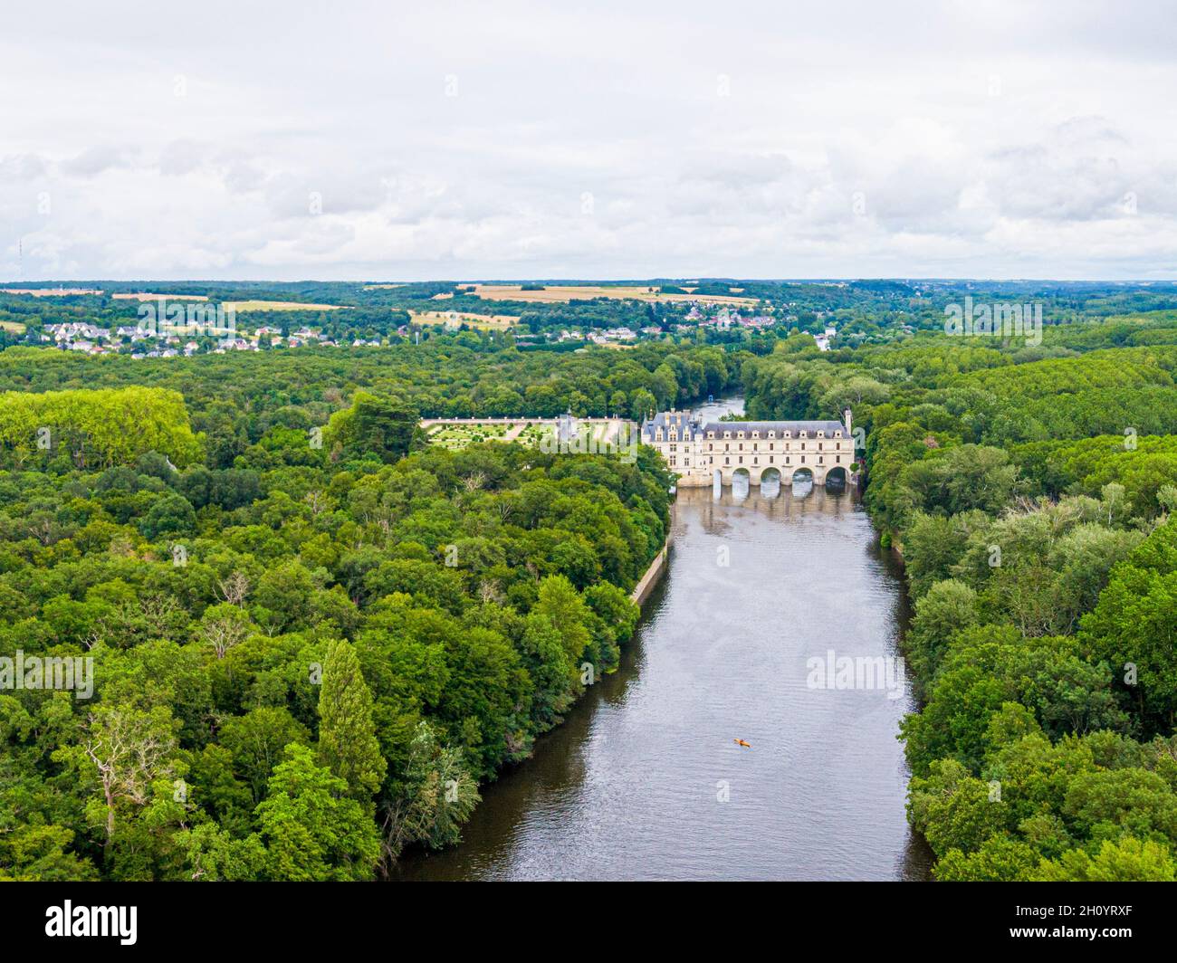 Luftaufnahme über Schloss Chenonceau, Loire-Tal, Frankreich, Sologne Stockfoto
