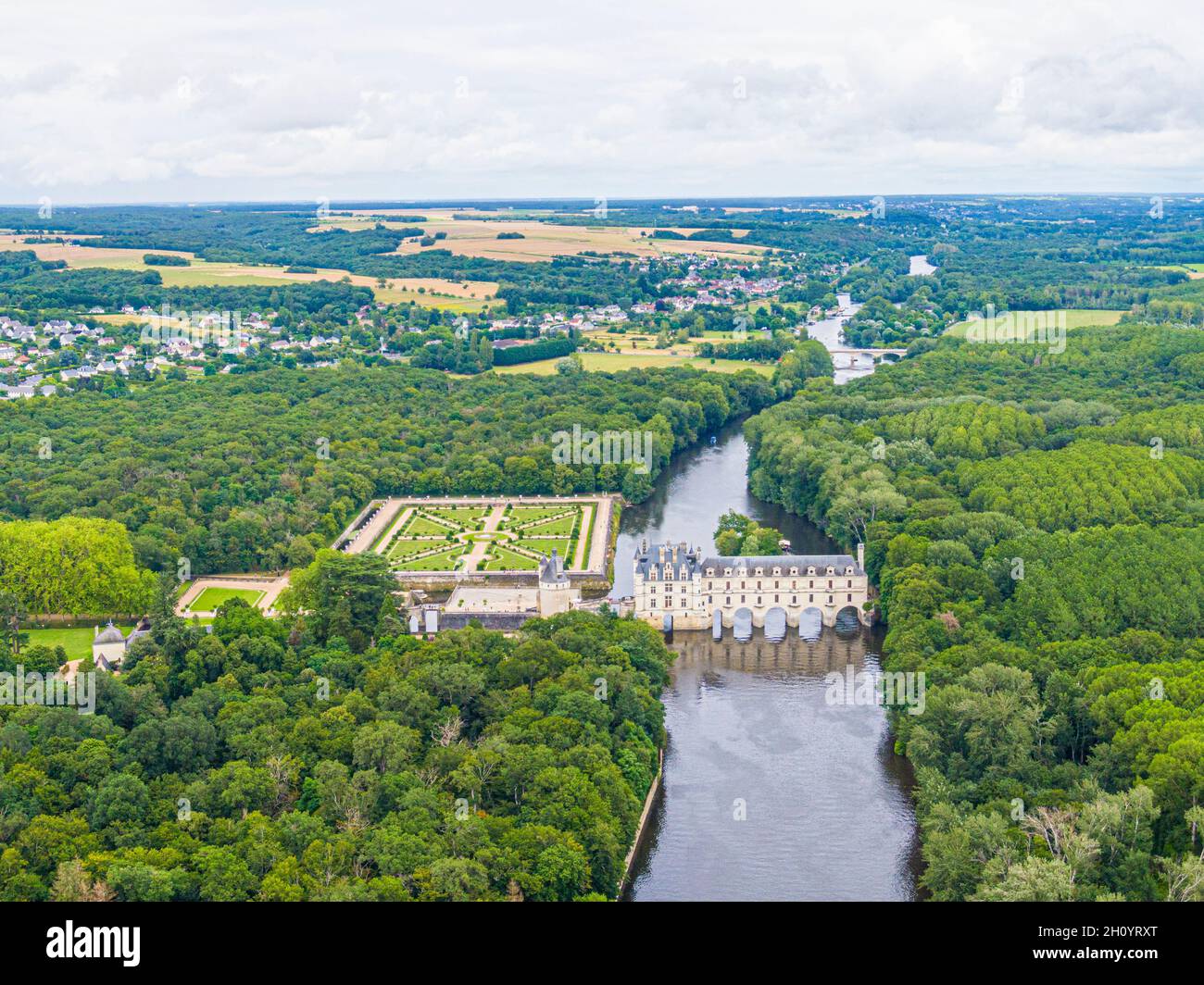 Luftaufnahme über Schloss Chenonceau, Loire-Tal, Frankreich, Sologne Stockfoto