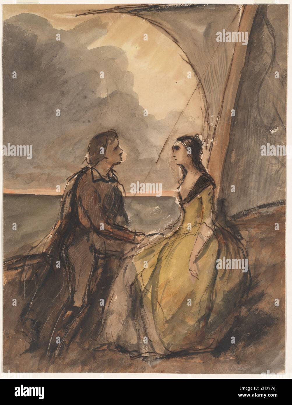 Sitzender Mann und Frau, c. 1830-60. Célestin François Nanteuil (Französisch, 1813-1873). Stift und braune Tinte, Aquarell und Scoring (Recto), Stift und braune Tinte (verso) auf mittelschwerem, gewobntem Papier; Blatt: 25.8 x 19.8 cm (10 3/16 x 7 13/16 Zoll). Diese Zeichnung zeigt Célestin Nanteuils Leistungen als bildende Künstlerin und Illustratorin. Auf der einen Seite unterhält sich ein Paar, dargestellt in dichten Farbflächen – eine Praxis, die Nanteuil von seinem Freund, dem Autor und Künstler Victor Hugo, gelernt hat. Nanteuil kratzte in diese dunklen Bereiche, um Highlights zu schaffen. Auf der Rückseite des Blatts sind beiläufig skizzierte Vignetten zu sehen, pro Stockfoto