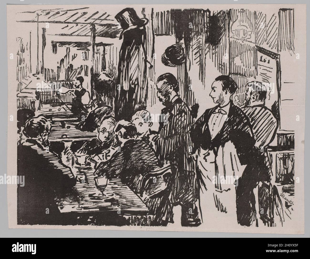 Im Café, 1874. Edouard Manet (Französisch, 1832-1883). Gillotage; Bild: 26.3 x 33.4 cm (10 3/8 x 13 1/8 Zoll); Blatt: 26.9 x 36 cm (10 9/16 x 14 3/16 Zoll). Dieser Druck von Édouard Manet zeigt das Café Guerbois, ein Treffpunkt impressionistischer Künstler im Paris des 19. Jahrhunderts. Obwohl er am besten für seine Gemälde bekannt ist, war der Künstler während seiner gesamten Karriere ein begeisterter Grafiker. Hier experimentierte er mit der damals neuen Transferlithographie, um die schnellen, skizzenhaften Linien der Zeichnung vorzuschlagen und das Bild so erscheinen zu lassen, als wäre es schnell und spontan entstanden. Stockfoto