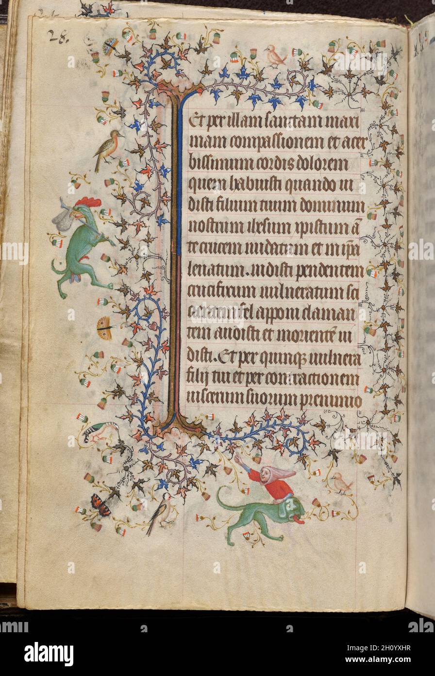 Stunden von Karl dem Noblen, König von Navarra (1361-1425): Fol. 14v, Text, c. 1405. Master of the Brussels Initials and Associates (Französisch). Tinte, Tempera und Gold auf Pergament; Codex: 20.3 x 15.7 x 7 cm (8 x 6 3/16 x 2 3/4 Zoll). Dieses wertvolle Buch wurde von seinem Besitzer, Karl III., König von Navarra, hochgeschätzt, einem in Frankreich geborenen Prinzen, dessen Wappen auf 20 Blättern gemalt ist. Charles besuchte Paris bei zahlreichen Gelegenheiten und erwarb wahrscheinlich diesen Band dort im Jahr 1404. Paris war damals das Zentrum des europäischen Buchhandels und zog Illuminatoren aus vielen Teilen Europas an. Dieses Manuskript repre Stockfoto