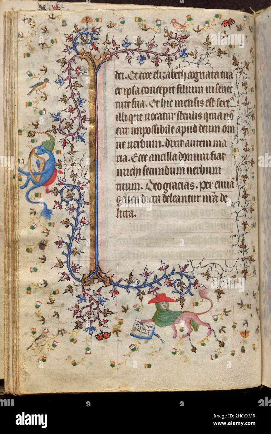 Stunden von Karl dem Noblen, König von Navarra (1361-1425): Fol. 24v, Text, c. 1405. Master of the Brussels Initials and Associates (Französisch). Tinte, Tempera und Gold auf Pergament; Codex: 20.3 x 15.7 x 7 cm (8 x 6 3/16 x 2 3/4 Zoll). Dieses wertvolle Buch wurde von seinem Besitzer, Karl III., König von Navarra, hochgeschätzt, einem in Frankreich geborenen Prinzen, dessen Wappen auf 20 Blättern gemalt ist. Charles besuchte Paris bei zahlreichen Gelegenheiten und erwarb wahrscheinlich diesen Band dort im Jahr 1404. Paris war damals das Zentrum des europäischen Buchhandels und zog Illuminatoren aus vielen Teilen Europas an. Dieses Manuskript repre Stockfoto