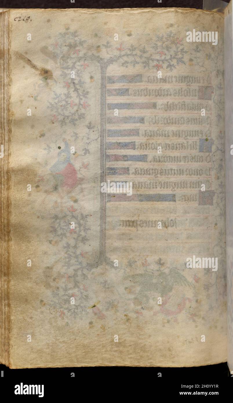 Stunden von Karl dem Noblen, König von Navarra (1361-1425): Fol. 105 v, c. 1405. Master of the Brussels Initials and Associates (Französisch). Tinte, Tempera und Gold auf Pergament; Codex: 20.3 x 15.7 x 7 cm (8 x 6 3/16 x 2 3/4 Zoll). Dieser wertvolle Band wurde offensichtlich von seinem Besitzer, dem in Frankreich geborenen König von Navarra, hochgeschätzt, der sein Wappen auf nicht weniger als zwanzig Folios malen ließ. Anstatt dieses Manuskript direkt aus einer bestimmten Werkstatt in Auftrag zu geben, scheint es, dass Charles der Noble sein Stundenbuch - vielleicht fertig für den Luxusmarkt - während einer Reise nach Paris in den Jahren 1404-05 erworben hat. Stockfoto