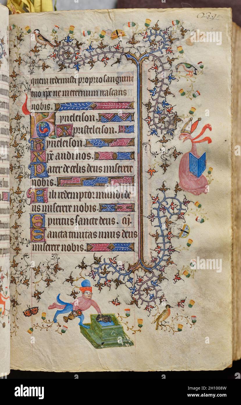 Stunden von Karl dem Noblen, König von Navarra (1361-1425): Fol. 120r, Text, c. 1405. Master of the Brussels Initials and Associates (Französisch). Tinte, Tempera und Gold auf Pergament; Codex: 20.3 x 15.7 x 7 cm (8 x 6 3/16 x 2 3/4 Zoll). Dieser wertvolle Band wurde offensichtlich von seinem Besitzer, dem in Frankreich geborenen König von Navarra, hochgeschätzt, der sein Wappen auf nicht weniger als zwanzig Folios malen ließ. Anstatt dieses Manuskript direkt aus einer bestimmten Werkstatt in Auftrag zu geben, scheint es, dass Charles der Noble sein Stundenbuch - vielleicht fertig für den Luxusmarkt - während einer Reise nach Paris im Jahr 14 erworben hat Stockfoto