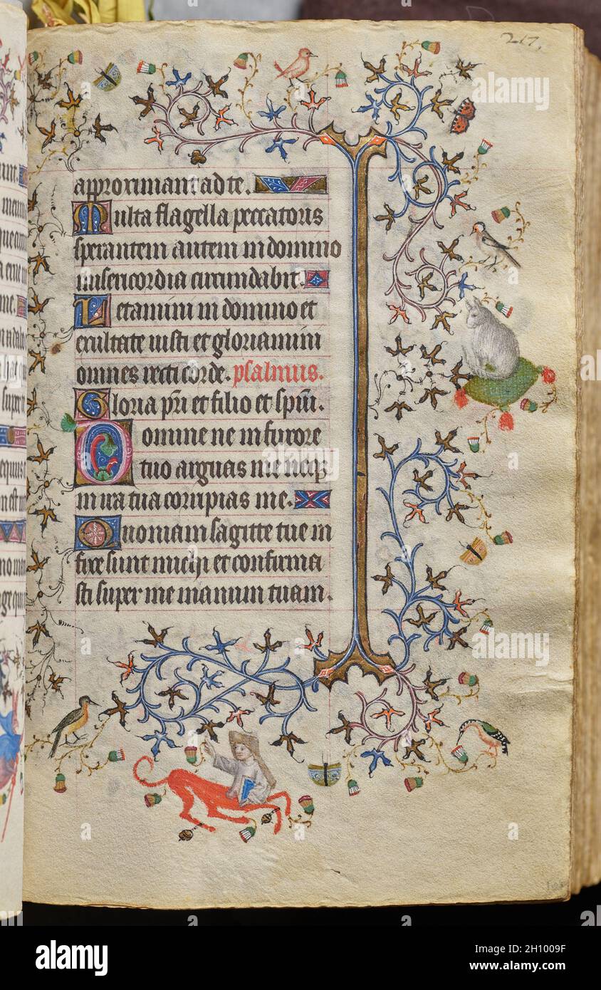 Stunden von Karl dem Noblen, König von Navarra (1361-1425): Fol. 109r, Text, c. 1405. Master of the Brussels Initials and Associates (Französisch). Tinte, Tempera und Gold auf Pergament; Codex: 20.3 x 15.7 x 7 cm (8 x 6 3/16 x 2 3/4 Zoll). Dieses wertvolle Buch wurde von seinem Besitzer, Karl III., König von Navarra, hochgeschätzt, einem in Frankreich geborenen Prinzen, dessen Wappen auf 20 Blättern gemalt ist. Charles besuchte Paris bei zahlreichen Gelegenheiten und erwarb wahrscheinlich diesen Band dort im Jahr 1404. Paris war damals das Zentrum des europäischen Buchhandels und zog Illuminatoren aus vielen Teilen Europas an. Dieses Manuskript repres Stockfoto