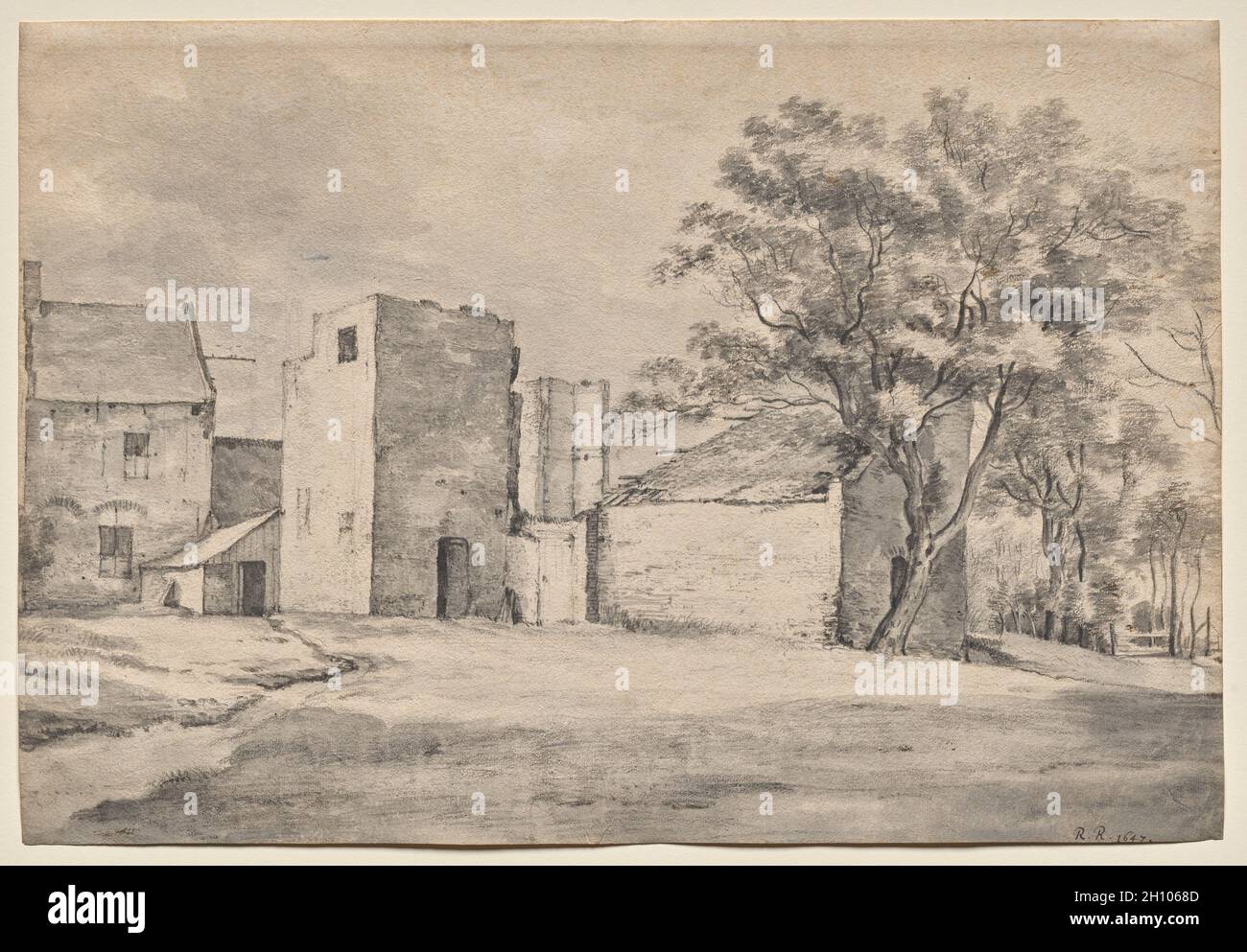 Die Ruine von Huis 't Sant in Katwijk aan Zee, 1646–47. Roelant Roghman (Niederländisch, 1627-1692). Schwarze Kreide und graue Wäsche; Bild und Blatt: 34.5 x 50.6 cm (13 9/16 x 19 15/16 Zoll). Die Ruine von Huis 't Sant in Katwijk aan Zee des niederländischen Künstlers Roelant Roghman ist eine von mehr als 200 Zeichnungen, die der Künstler während einer Tour durch die Niederlande mit Schlössern, Herrenhäusern und Festungen angefertigt hat. Nach einem langen und langwierigen Krieg mit Spanien reiste der Künstler zu Fuß, um den gegenwärtigen Zustand der Gebäude einzufangen. Er verwendete große Blätter Papier und kombinierte Tintenwäsche und Holzkohle, um die Gebäude auf der sp Stockfoto