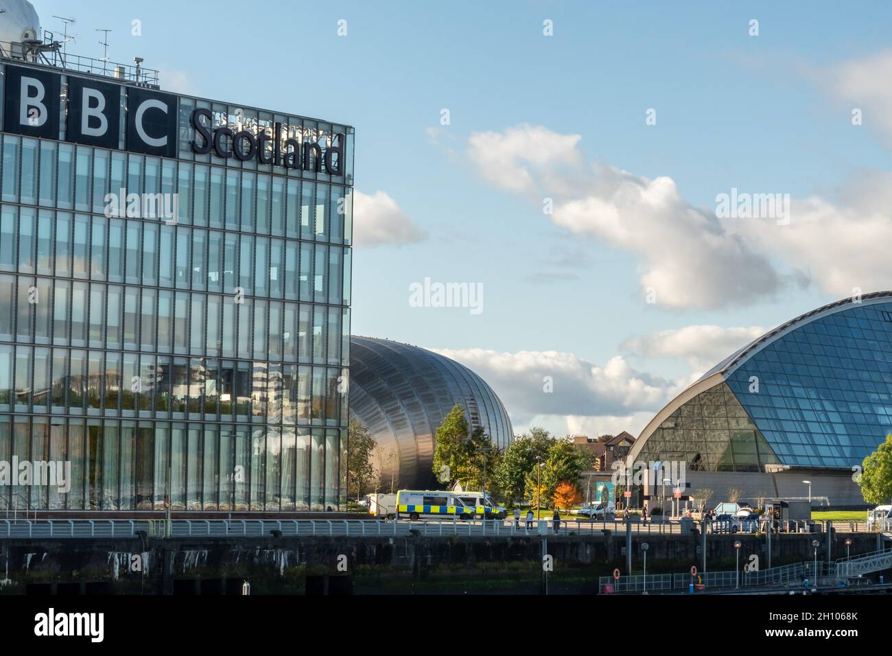 BBC Scotland und das Glasgow Science Center, das während der COP26-Konferenz der Vereinten Nationen in der Gastgeberstadt Glasgow die Grüne Zone bilden wird. Stockfoto