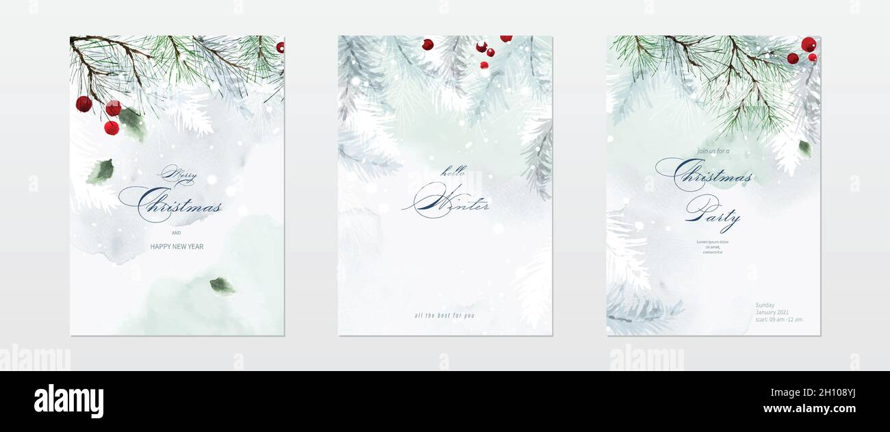 Sammlung von Weihnachten Aquarell natürliche Kunst Hintergrund gesetzt. Beeren- und Kiefernzweige auf Schnee fallen mit handbemaltem Aquarell. Geeignet für Karte Stock Vektor