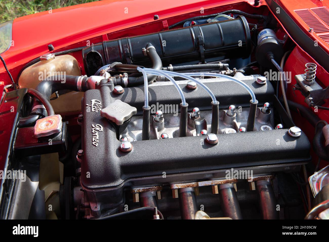Alfa Romeo Twin-Cam-Motor unter der Motorhaube Stockfoto