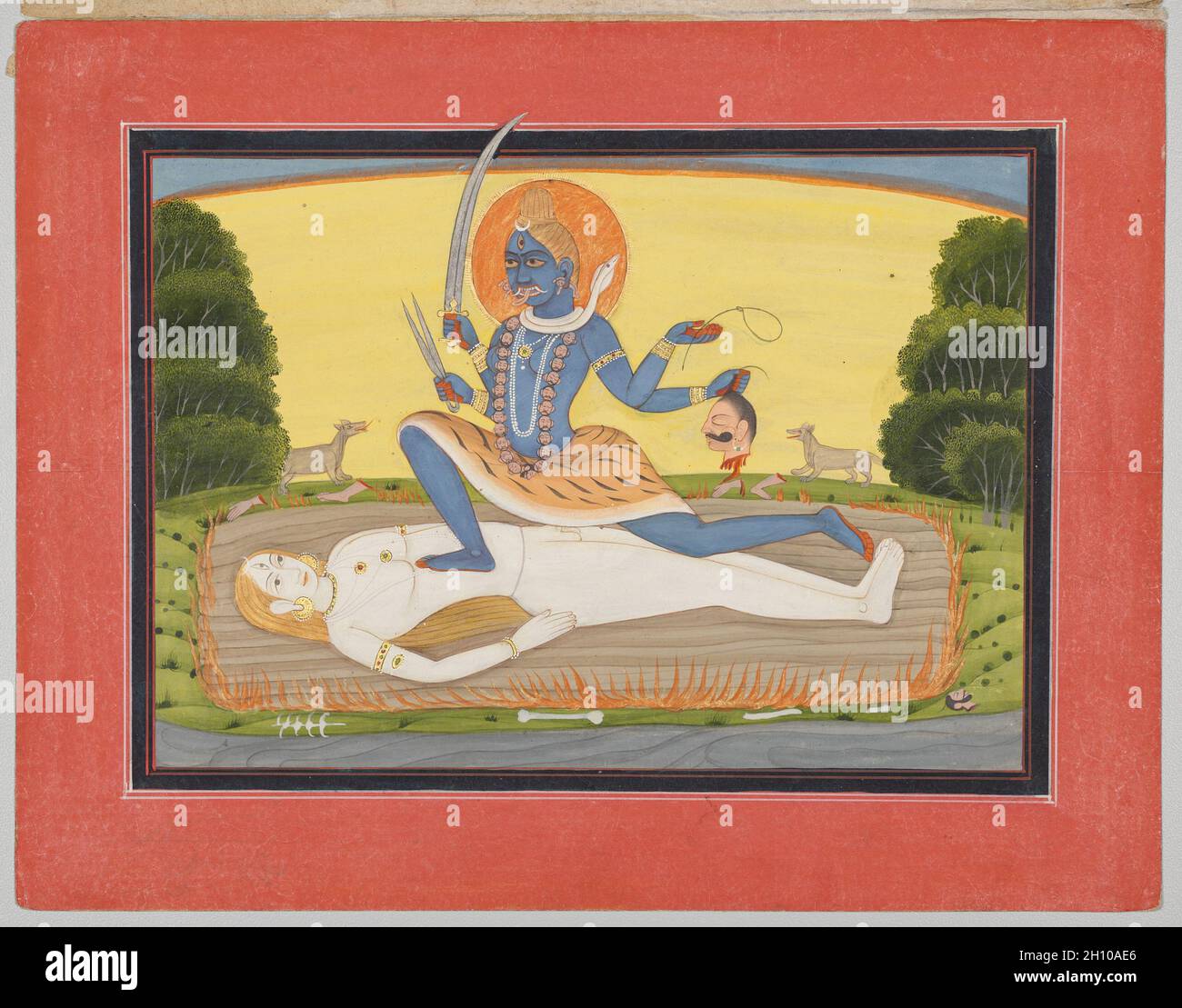 Tantrische Devi auf Shiva, aus einer Mandi Devi Serie, c. 1810. Indien, Himachal Pradesh, Pahari Königreich Mandi. Gummitemperatur und Gold auf Papier; 20.3 x 25.4 cm (8 x 10 Zoll). Stockfoto