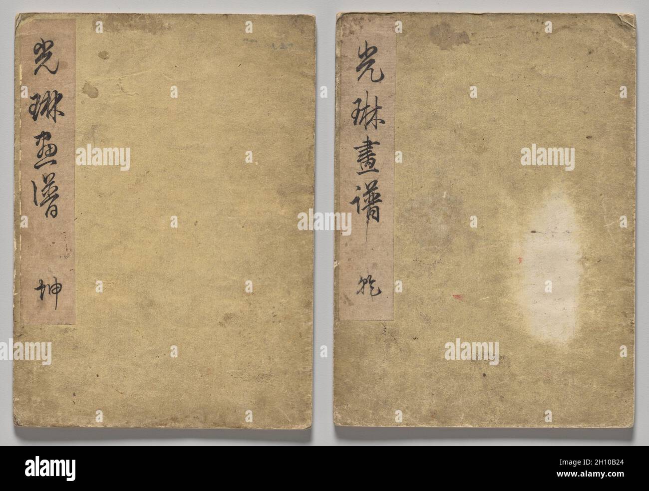Das Bilderbuch von Kōrin, 1800. Nakamura Hōchū (Japanisch, d. L 1819, S. Buch mit Farbholzschnitt; Buch: 26 x 37.5 cm (10 1/4 x 14 3/4 Zoll). Nakamura H?ch? Würdigte den Designsinn des früheren Malers Ogata K?rin (1658–1716) und ehrte ihn mit diesem zweibändigen Satz von Holzschnitt-Druckbildern. Während H?ch? Die Originalkompositionen aus K?rins Werken wurden abgetastet und die Drucke in diesen Büchern sind stark von seinem eigenen lockeren, skurrilen Zeichenstil durchsetzt. Stockfoto