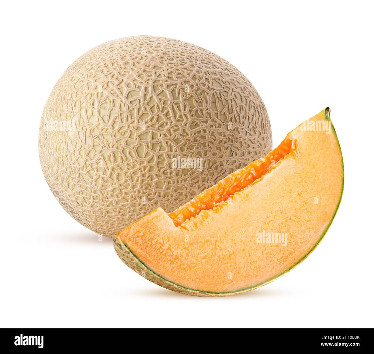 Cantaloupe japanische Melone und Viertel isoliert auf weißem Hintergrund. Beschneidungspfad. Volle Schärfentiefe. Stockfoto