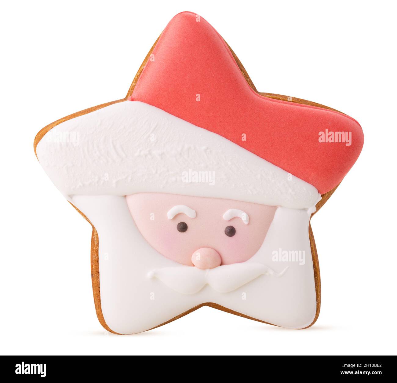 Cookie-Stern santa claus in Glasur isoliert auf weißem Hintergrund. Beschneidungspfad. Volle Schärfentiefe. Stockfoto