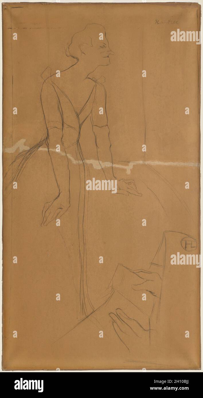 Yvette Guilbert, c. 1894. Henri de Toulouse-Lautrec (Französisch, 1864-1901). Schwarzer Buntstift; gerahmt: 135.2 x 73 cm (53 1/4 x 28 3/4 Zoll). Diese Zeichnung zeigt Yvette Guilbert, eine beliebte Pariser Kabarettistin, die Gegenstand zahlreicher Drucke, Plakate, Zeichnungen und Gemälde von Henri de Toulouse-Lautrec war. Hier begann Lautrec, ein Plakat zu komponieren, das Guilbert von ihm in Auftrag gab, um ihre kommende Saison in Les Ambassadeurs, einem beliebten Nachtclub, zu veröffentlichen. Ein fertigeres Studium ist Teil der Sammlung des Musée Toulouse-Lautrec in Albi, Frankreich, aber das Plakat selbst. Stockfoto