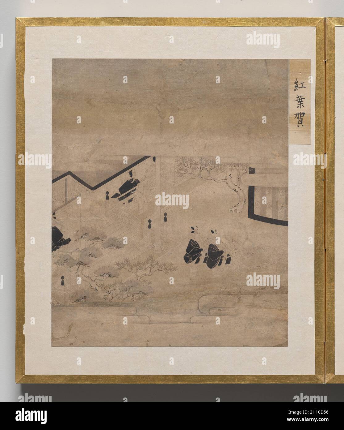 Herbstexkursion aus dem Album der Illustrationen für die Geschichte von Genji, 1600. Japan, Edo-Zeit (1615-1868). Akkordeon-Album; Tinte, helle Farbe und Gold auf Papier; jedes Blatt: 26.3 x 22 cm (10 3/8 x 8 11/16 Zoll); nur auf dem Bild: 17 x 20.6 cm (6 11/16 x 8 1/8 Zoll). Dieses Album enthält Illustrationen zum klassischen literarischen Werk The Tale of Genji, das in den 1000er Jahren von Murasaki Shikibu, einem Aristokraten des Heian-Hofes (794–1185), verfasst wurde. Die Szenen sind in der „weißen Zeichnung“ gemalt (hakuby?) Modus, in dem eine feine Tintenlinie verwendet wird, um Figuren und Räume mit großer Subtilität darzustellen, nur mit Zeichensetzung o Stockfoto