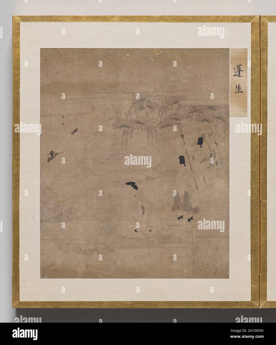 Wurmholz-Patch aus dem Album der Illustrationen für die Geschichte von Genji, 1600er. Japan, Edo-Zeit (1615-1868). Akkordeon-Album; Tinte, helle Farbe und Gold auf Papier; jedes Blatt: 26.3 x 22 cm (10 3/8 x 8 11/16 Zoll); nur auf dem Bild: 17 x 20.6 cm (6 11/16 x 8 1/8 Zoll). Dieses Album enthält Illustrationen zum klassischen literarischen Werk The Tale of Genji, das in den 1000er Jahren von Murasaki Shikibu, einem Aristokraten des Heian-Hofes (794–1185), verfasst wurde. Die Szenen sind in der „weißen Zeichnung“ gemalt (hakuby?) Modus, in dem eine feine Tintenlinie verwendet wird, um Zahlen und Räume mit großer Subtilität darzustellen, nur mit occ-Interpunktion Stockfoto