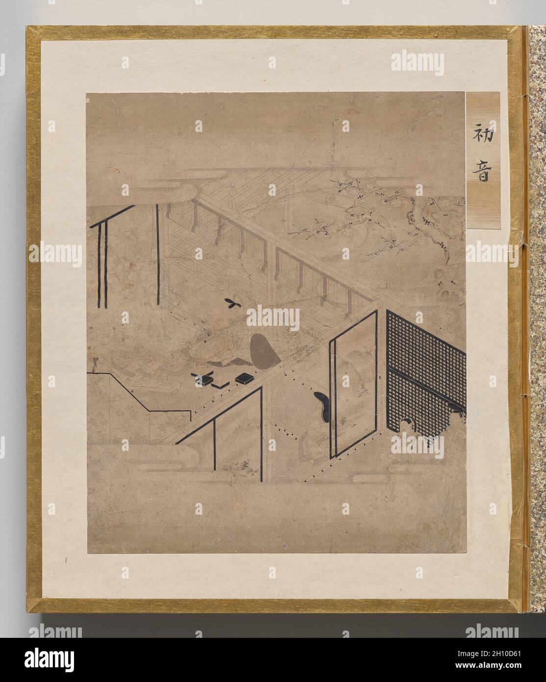 Erster Waldsänger aus dem Album der Illustrationen für die Geschichte von Genji, 1600er. Japan, Edo-Zeit (1615-1868). Akkordeon-Album; Tinte, helle Farbe und Gold auf Papier; jedes Blatt: 26.3 x 22 cm (10 3/8 x 8 11/16 Zoll); nur auf dem Bild: 17 x 20.6 cm (6 11/16 x 8 1/8 Zoll). Dieses Album enthält Illustrationen zum klassischen literarischen Werk The Tale of Genji, das in den 1000er Jahren von Murasaki Shikibu, einem Aristokraten des Heian-Hofes (794–1185), verfasst wurde. Die Szenen sind in der „weißen Zeichnung“ gemalt (hakuby?) Modus, in dem eine feine Tintenlinie verwendet wird, um Figuren und Räume mit großer Subtilität darzustellen, nur occa punktiert Stockfoto