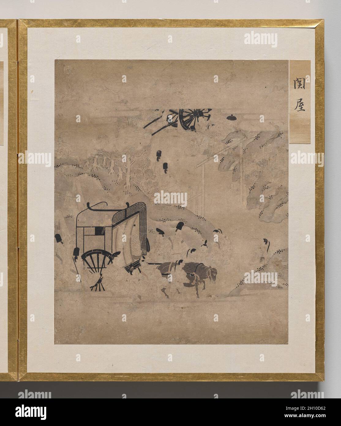 Torhaus aus dem Album der Illustrationen für die Geschichte von Genji, 1600er. Japan, Edo-Zeit (1615-1868). Akkordeon-Album; Tinte, helle Farbe und Gold auf Papier; jedes Blatt: 26.3 x 22 cm (10 3/8 x 8 11/16 Zoll); nur auf dem Bild: 17 x 20.6 cm (6 11/16 x 8 1/8 Zoll). Dieses Album enthält Illustrationen zum klassischen literarischen Werk The Tale of Genji, das in den 1000er Jahren von Murasaki Shikibu, einem Aristokraten des Heian-Hofes (794–1185), verfasst wurde. Die Szenen sind in der „weißen Zeichnung“ gemalt (hakuby?) Modus, in dem eine feine Tintenlinie verwendet wird, um Figuren und Räume mit großer Subtilität darzustellen, nur gelegentlich unterbrochen Stockfoto
