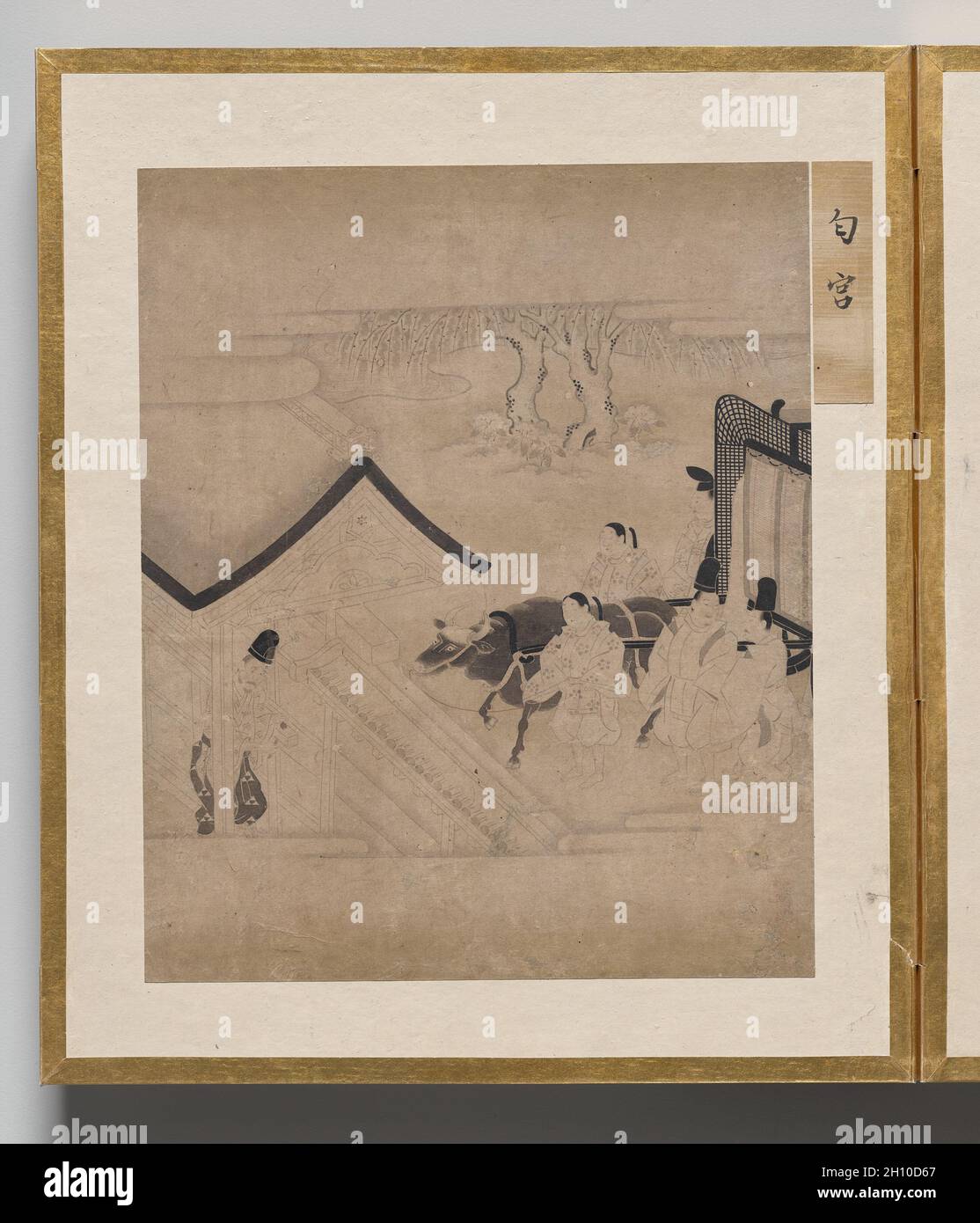 Seine parfümierte Hoheit aus Album of Illustrations for The Tale of Genji, 1600. Japan, Edo-Zeit (1615-1868). Akkordeon-Album; Tinte, helle Farbe und Gold auf Papier; jedes Blatt: 26.3 x 22 cm (10 3/8 x 8 11/16 Zoll); nur auf dem Bild: 17 x 20.6 cm (6 11/16 x 8 1/8 Zoll). Dieses Album enthält Illustrationen zum klassischen literarischen Werk The Tale of Genji, das in den 1000er Jahren von Murasaki Shikibu, einem Aristokraten des Heian-Hofes (794–1185), verfasst wurde. Die Szenen sind in der „weißen Zeichnung“ gemalt (hakuby?) Modus, in dem eine feine Tintenlinie verwendet wird, um Figuren und Räume mit großer Subtilität und mit Zeichensetzung darzustellen Stockfoto