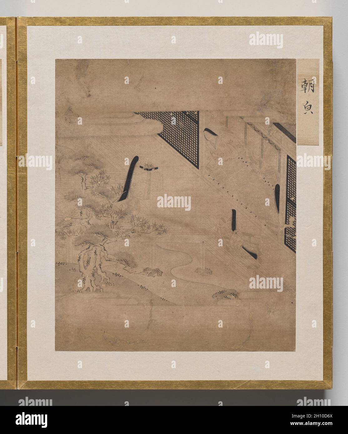 Morning Glory aus Album of Illustrations for The Tale of Genji, 1600er. Japan, Edo-Zeit (1615-1868). Akkordeon-Album; Tinte, helle Farbe und Gold auf Papier; jedes Blatt: 26.3 x 22 cm (10 3/8 x 8 11/16 Zoll); nur auf dem Bild: 17 x 20.6 cm (6 11/16 x 8 1/8 Zoll). Dieses Album enthält Illustrationen zum klassischen literarischen Werk The Tale of Genji, das in den 1000er Jahren von Murasaki Shikibu, einem Aristokraten des Heian-Hofes (794–1185), verfasst wurde. Die Szenen sind in der „weißen Zeichnung“ gemalt (hakuby?) Modus, in dem eine feine Tintenlinie verwendet wird, um Figuren und Räume mit großer Subtilität darzustellen, nur occa punktiert Stockfoto