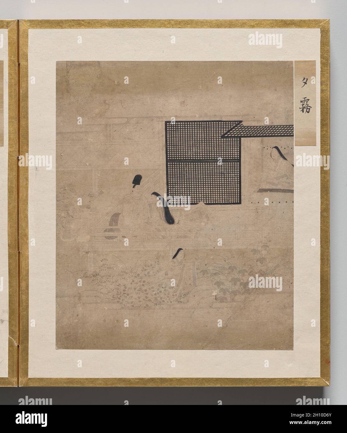 Evening Mist aus Album of Illustrations for the Tale of Genji, 1600er. Japan, Edo-Zeit (1615-1868). Akkordeon-Album; Tinte, helle Farbe und Gold auf Papier; jedes Blatt: 26.3 x 22 cm (10 3/8 x 8 11/16 Zoll); nur auf dem Bild: 17 x 20.6 cm (6 11/16 x 8 1/8 Zoll). Dieses Album enthält Illustrationen zum klassischen literarischen Werk The Tale of Genji, das in den 1000er Jahren von Murasaki Shikibu, einem Aristokraten des Heian-Hofes (794–1185), verfasst wurde. Die Szenen sind in der „weißen Zeichnung“ gemalt (hakuby?) Modus, in dem eine feine Tintenlinie verwendet wird, um Figuren und Räume mit großer Subtilität darzustellen, nur mit Occas interpunktiert Stockfoto