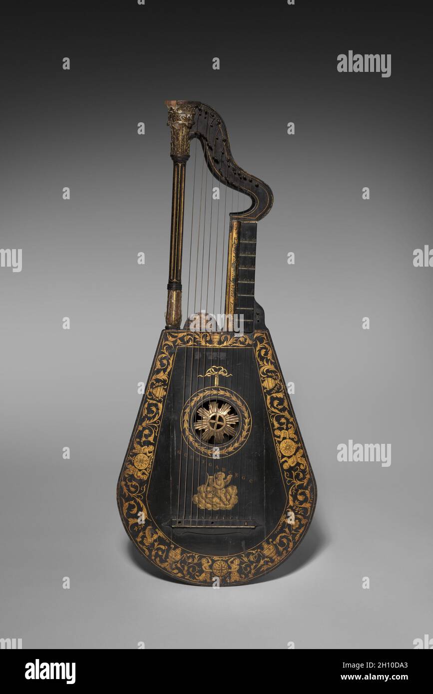 Harp-Laute, 1700er. England, London, 18. Jahrhundert. Lackiertes Holz; insgesamt 90.5 x 37.5 cm (35 5/8 x 14 3/4 Zoll). Stockfoto