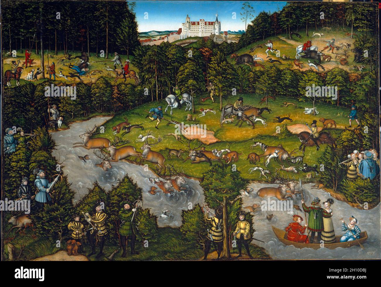 Jagd in der Nähe von Schloss Hartenfels, 1540. Lucas Cranach (1472-1553). Öl, ursprünglich auf Holz, übertragen auf Masonite; gerahmt: 133 x 185.5 x 7.3 cm (52 3/8 x 73 1/16 x 2 7/8 in.); ohne Rahmen: 116,8 x 170,2 cm (46 x 67 in.). Stockfoto