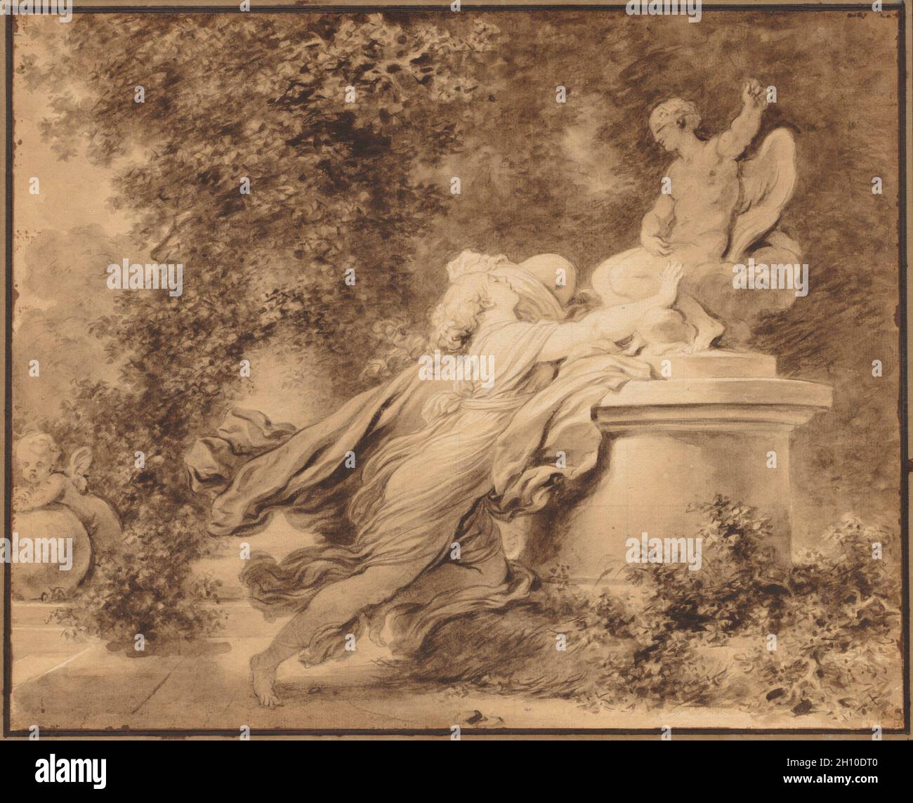 Aufruf zu Liebe, C. 1781. Jean-Honoré Fragonard (Französisch, 1732-1806). Pinsel und Farbe braun mit Graphit Quadratur Linien und underdrawing auf Creme Bütten; Blatt: 33,5 x 41,6 cm (13 1/4 x 16 3/8 in.); sekundäre Support: 37,6 x 47,8 cm (14 13/16 x 18 13/16 in.). Stockfoto