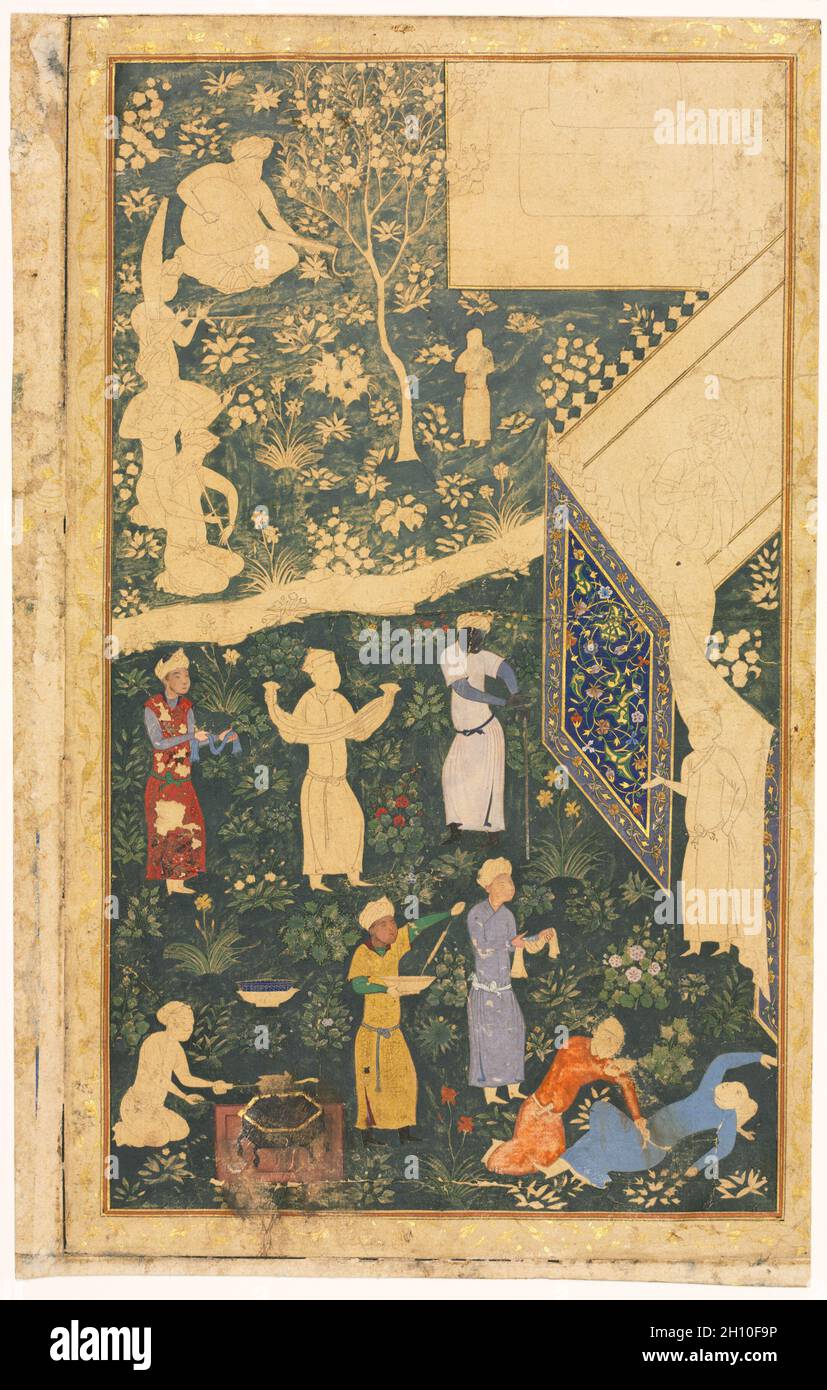 Linke Seite eines doppelseitigen Albumfolios: Außerhalb eines Royal Encampment (recto), c. 1485. Stil von Bihzad (iranisch, aktiv 1470–1506). Deckendes Aquarell und Gold auf Papier; Bild: 24.4 x 14.1 cm (9 5/8 x 5 9/16 Zoll); insgesamt: 27 x 17.2 cm (10 5/8 x 6 3/4 Zoll). Stockfoto