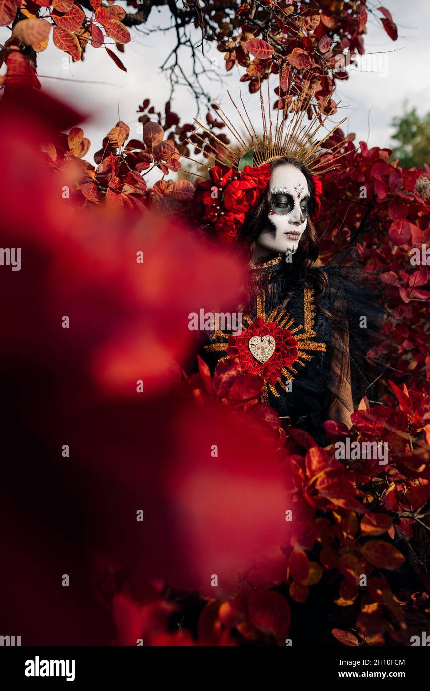 Junge Frau mit Zuckerschädel Make-up und roten Rosen in schwarzem Kostüm des Todes als Santa Muerte ist vor dem Hintergrund des Herbstwaldes gekleidet. Tag des Stockfoto