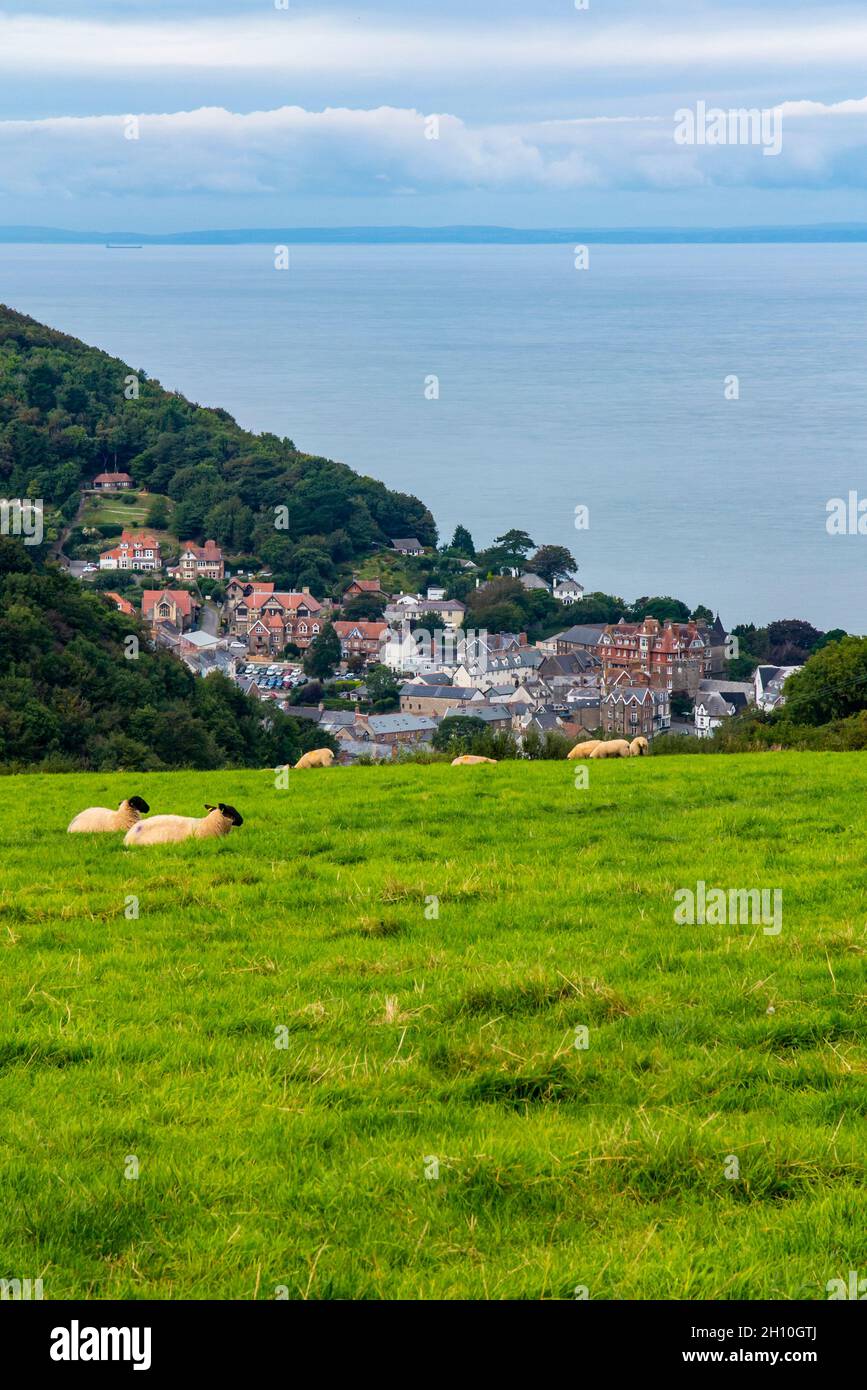 Blick auf Lynton ein kleiner Badeort an der Küste von North Devon im Südwesten Englands mit Bristol Channel im Hintergrund. Stockfoto