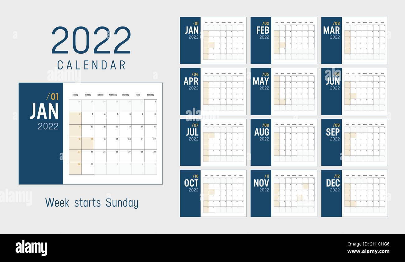 Jahr 2022 minimalistischer Monatskalender. Die Woche beginnt am Sonntag. Vektorvorlage. Stock Vektor
