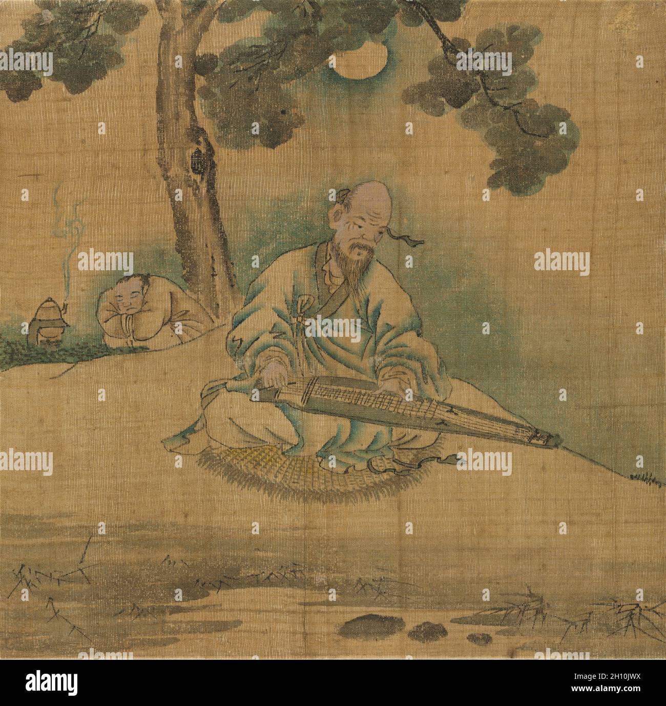 Gelehrter spielen eine Qin, 1800. Korea, der Joseon Dynastie (1392-1910). Album Leaf, Tusche und Farbe auf Seide; nur die Malerei: 23,5 x 23,8 cm (9 1/4 x 9 3/8 in.); Insgesamt: 26,5 x 26,5 cm (10 5/6 x 10 5/6 in.). Stockfoto