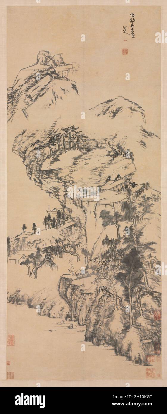 Landschaft nach Guo Zhongshu, Mitte 1600er-1705. Bada Shanren (Chinesisch, 1626-1705). Hängende Schriftrolle, Tinte auf Papier; Bild: 109.9 x 56.4 cm (43 1/4 x 22 3/16 Zoll); insgesamt: 247.7 x 84.5 cm (97 1/2 x 33 1/4 Zoll). Stockfoto