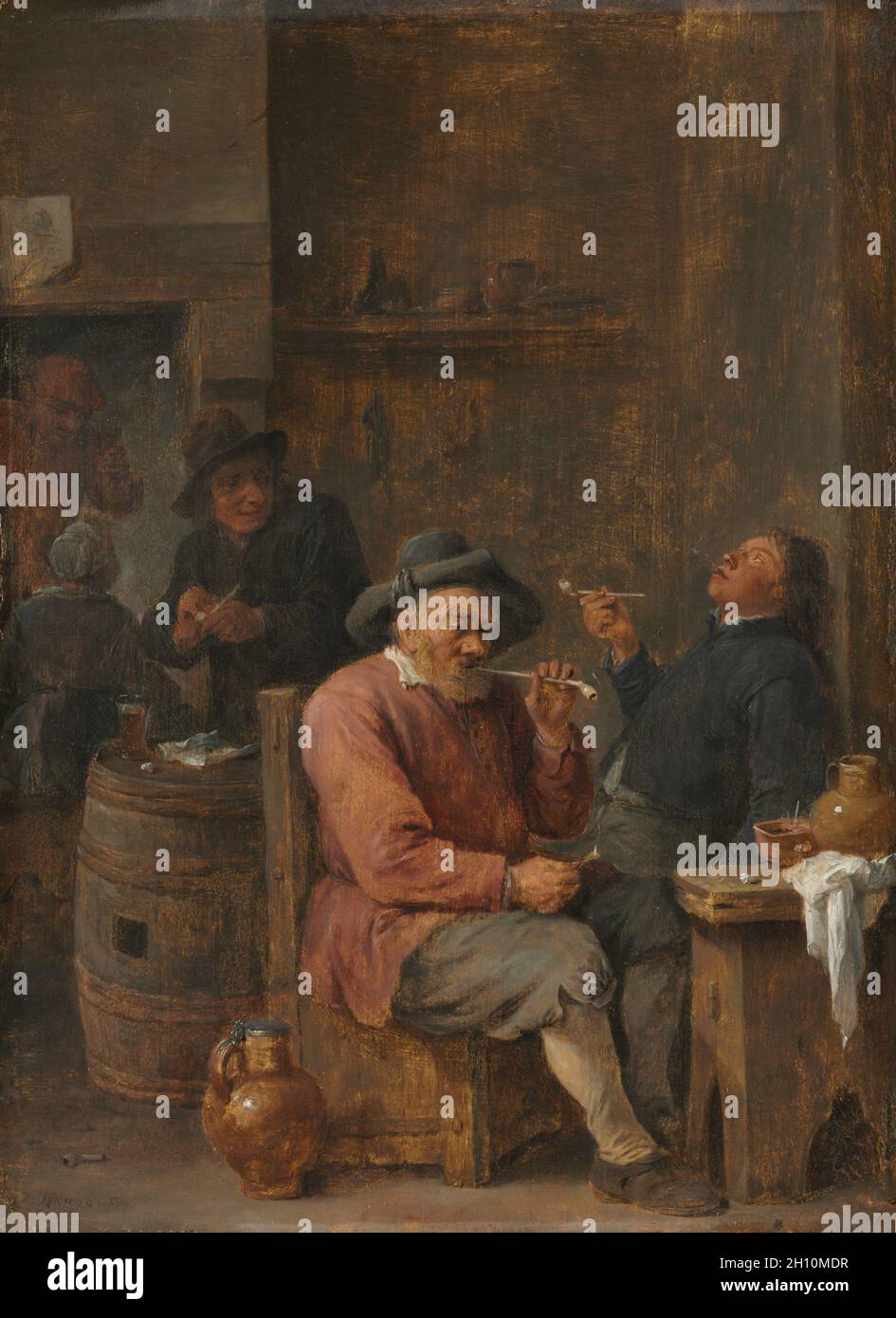 Bauern Rauchen in einem Gasthaus, c. 1640. David Teniers (Flämisch, 1610–1690). Öl auf Holz; gerahmt: 46.5 x 37 x 4 cm (18 5/16 x 14 9/16 x 1 9/16 Zoll); ungerahmt: 37.2 x 26.3 cm (14 5/8 x 10 3/8 Zoll). Stockfoto