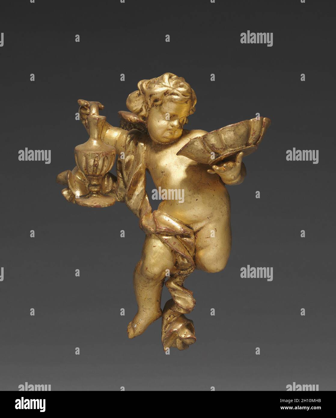 Altarbild mit Reliquien - Putto mit Ewer, oben links, c. 1735–40. Joseph Matthias Götz (Deutsch, 1696-1760) und Workshop. Vergoldetes Holz, mit Relikten in Nischen: Vergoldetes Holz, Perlmutt, Ebenholz, rote Seide, Golddraht, Samenperlen, Bergkristall, Feder und Tinte auf Papier; Stockfoto