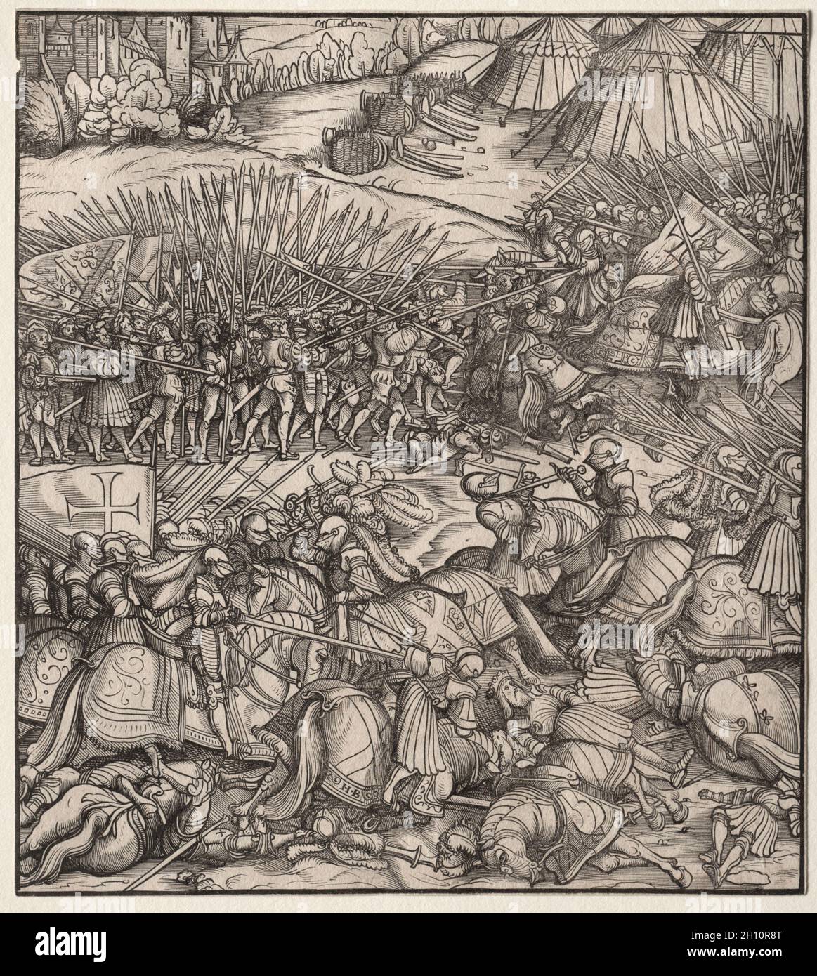 Der Weisskunig: Wie der französische König in seinem Reich gegen den König von Feuereisen Krieg führte und wie der König von Feuereisen in der Schlacht, 1512–16, starb. Hans Burgkmair (Deutsch, 1473-1531). Holzschnitt; Blatt: 22.1 x 19.7 cm (8 11/16 x 7 3/4 Zoll). Stockfoto