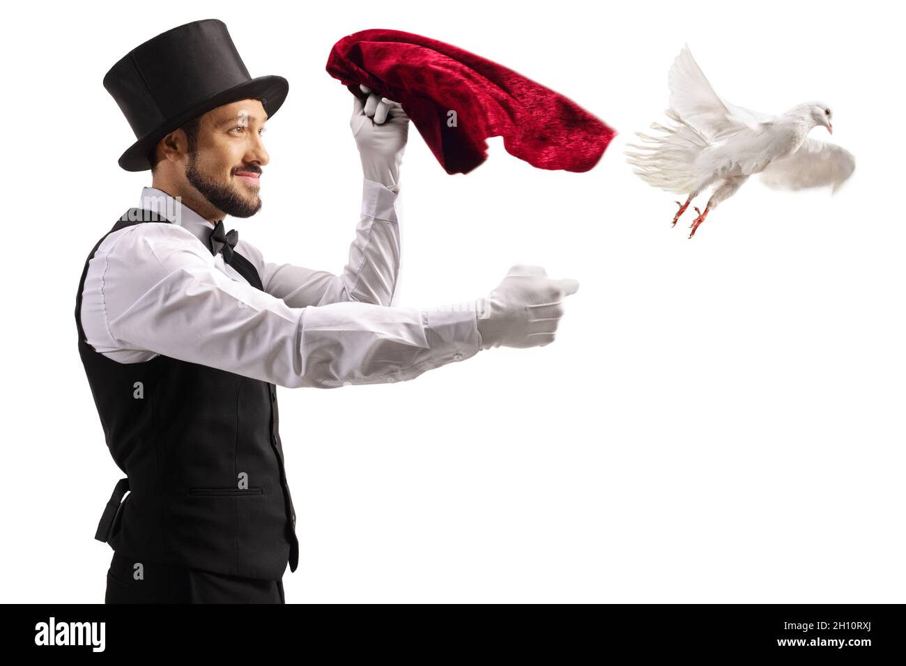Zauberer, der einen Trick ausführt, und eine weiße Taube, die isoliert auf weißem Hintergrund aus seiner Hand fliegt Stockfoto