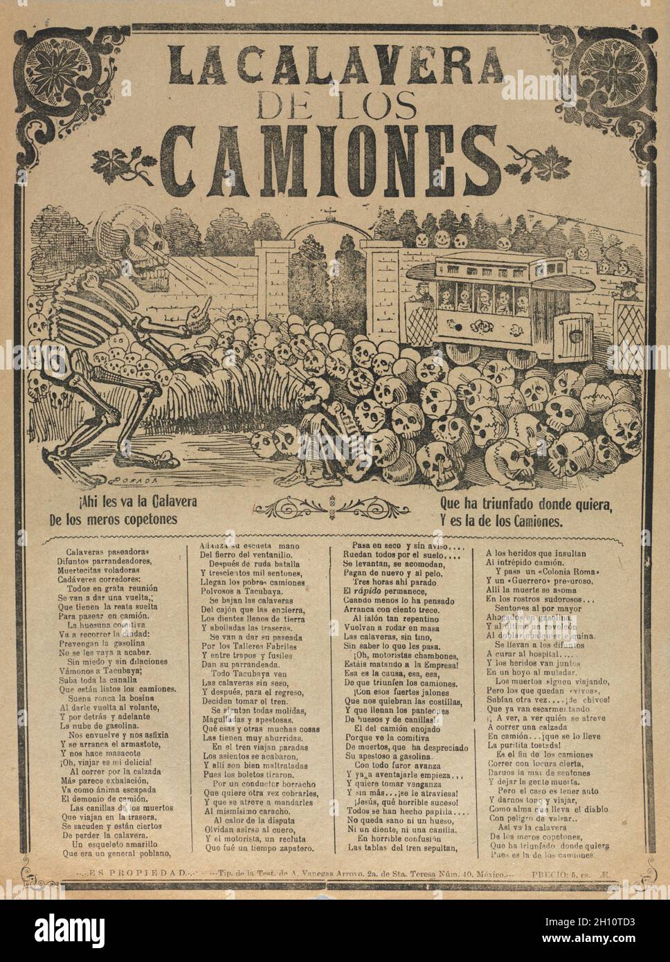 Das Skelett der Busse, c. 1900-10. José Guadalupe Posada (Mexikaner, 1852-1913). Reliefradierung und Buchdruck; Blatt: 39.4 x 29.3 cm (15 1/2 x 11 9/16 Zoll). Stockfoto